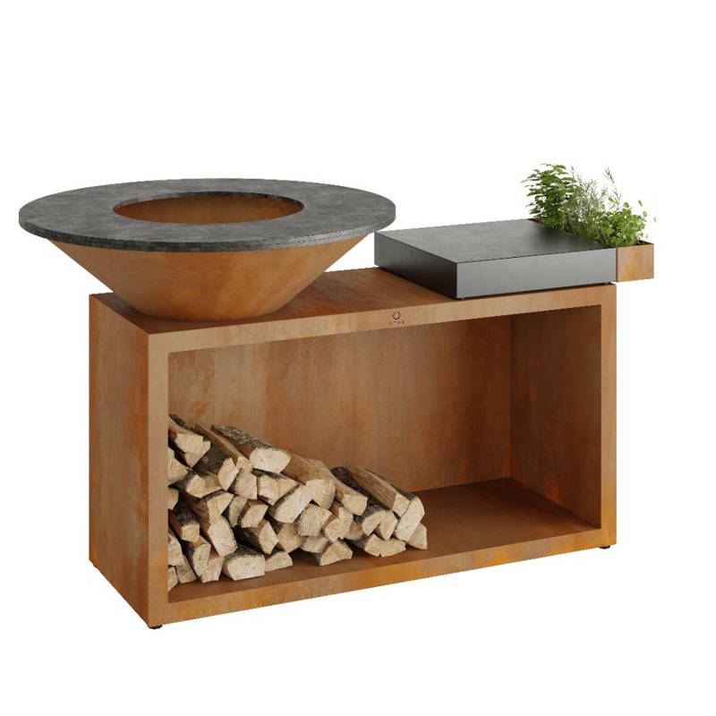 OFYR OI-100-CD Corten 100 Open Fire Grill Island w/ Ceramic Dark Grey Cutting Board