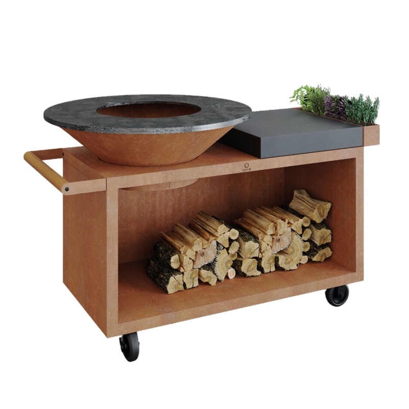 OFYR OI-100-PRO-CD Corten Steel 100 PRO Open Fire Grill Island w/ Ceramic Dark Grey Cutting Board