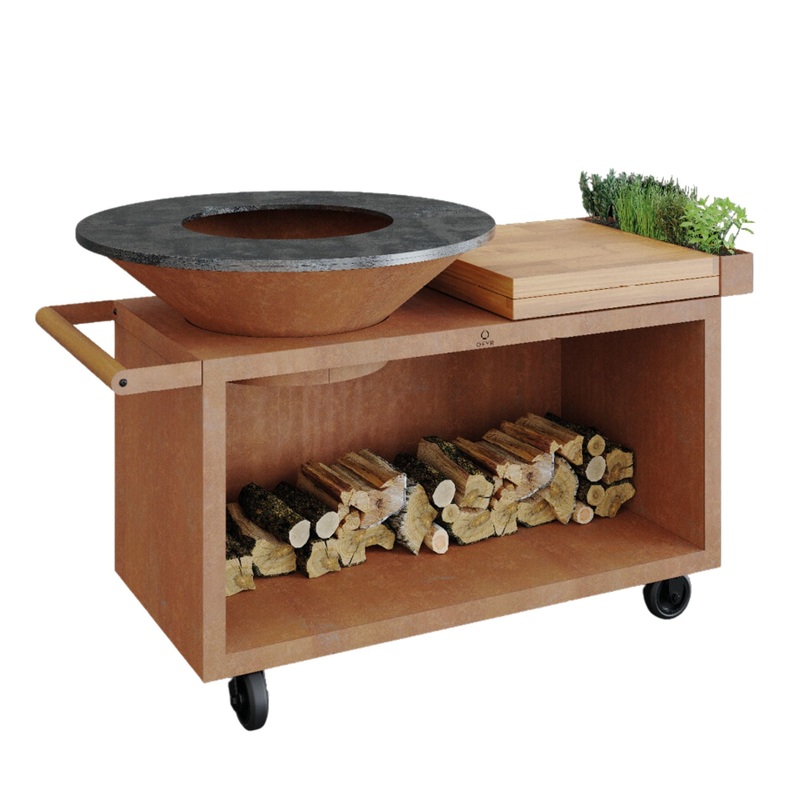 OFYR OI-100-PRO-TW Corten Steel 100 PRO Open Fire Grill Island w/ Teak Wood Cutting Board