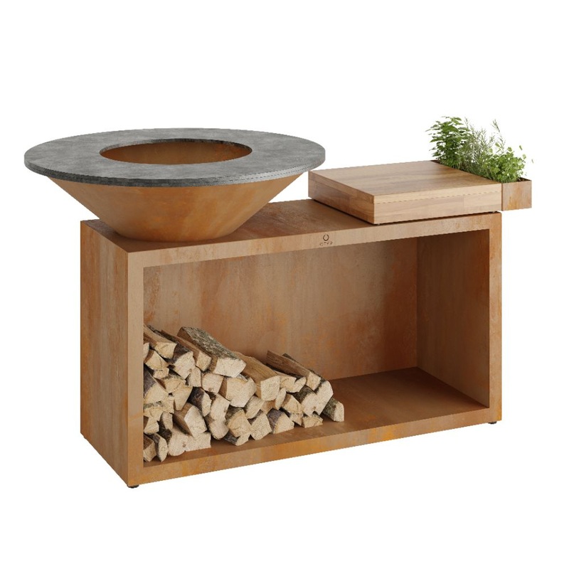 OFYR OI-100-TW Corten 100 Open Fire Grill Island w/ Teak Wood Cutting Board