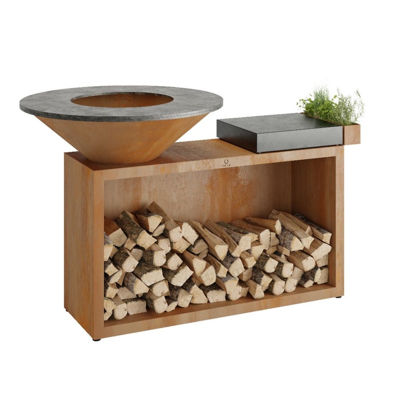 OFYR OI-85-CD Corten 85 Open Fire Grill Island w/ Ceramic Dark Grey Cutting Board