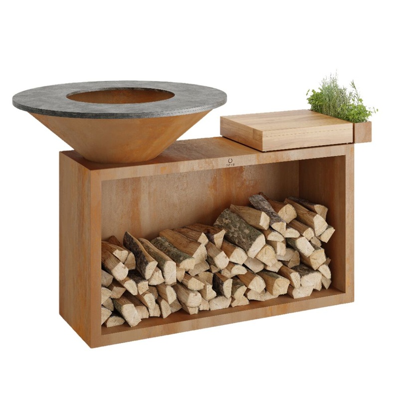 OFYR OI-85-TW Corten 85 Open Fire Grill Island w/ Teak Wood Cutting Board