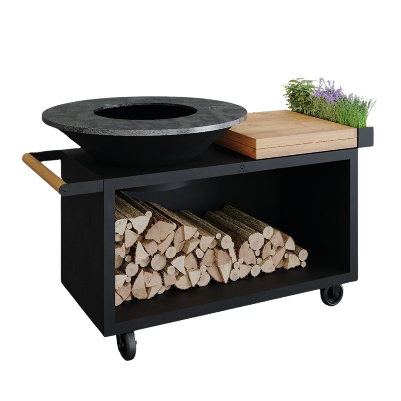 OFYR OIB-100-PRO-TW Black 100 PRO Open Fire Grill Island w/ Teak Wood Cutting Board