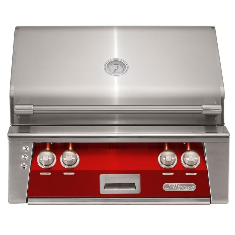 Alfresco 30-Inch Built-in Stainless Steel Gas Grill w/ Rotisserie in Carmine Red