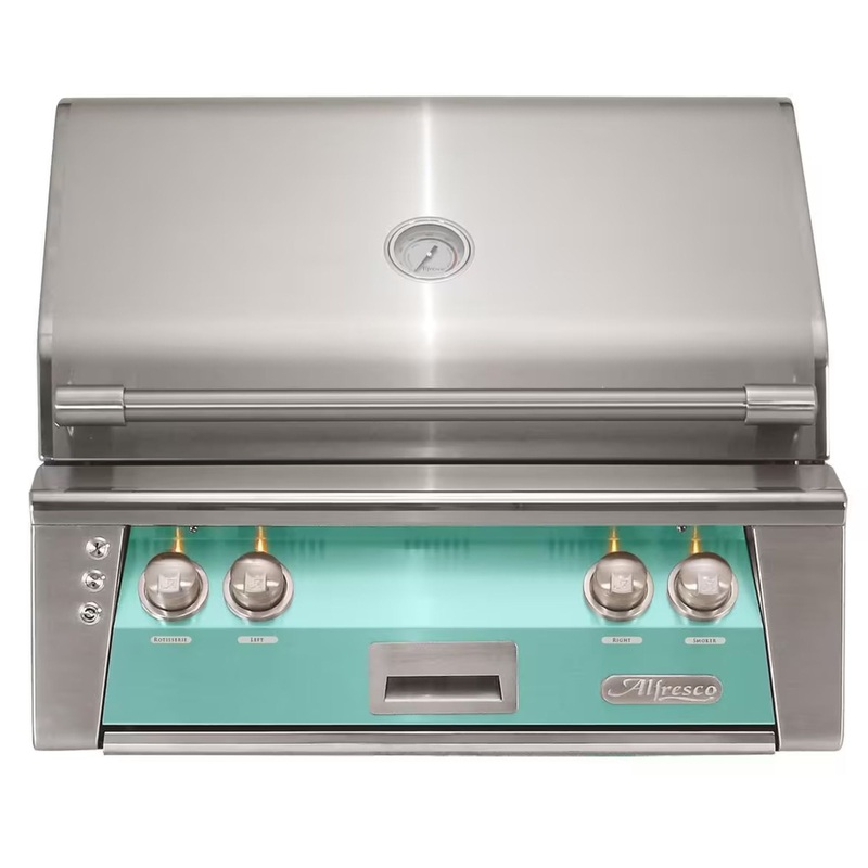 Alfresco 30-Inch Built-in Stainless Steel Gas Grill w/ Rotisserie in Light Green