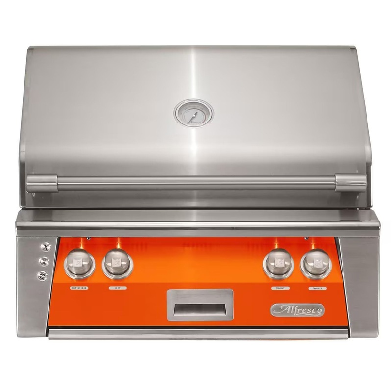 Alfresco 30-Inch Built-in Stainless Steel Gas Grill w/ Rotisserie in Luminous Orange