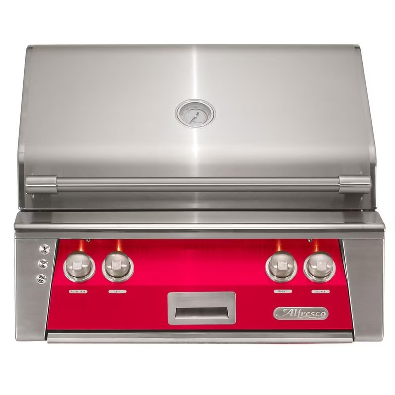 Alfresco 30-Inch Built-in Stainless Steel Gas Grill w/ Rotisserie in Raspberry Red