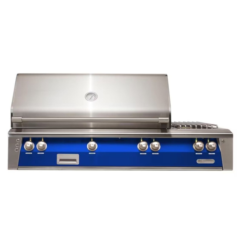 Alfresco 56-Inch Deluxe Built-in Stainless Steel Gas Grill w/ Rotisserie & Side Burner in Ultramarine Blue