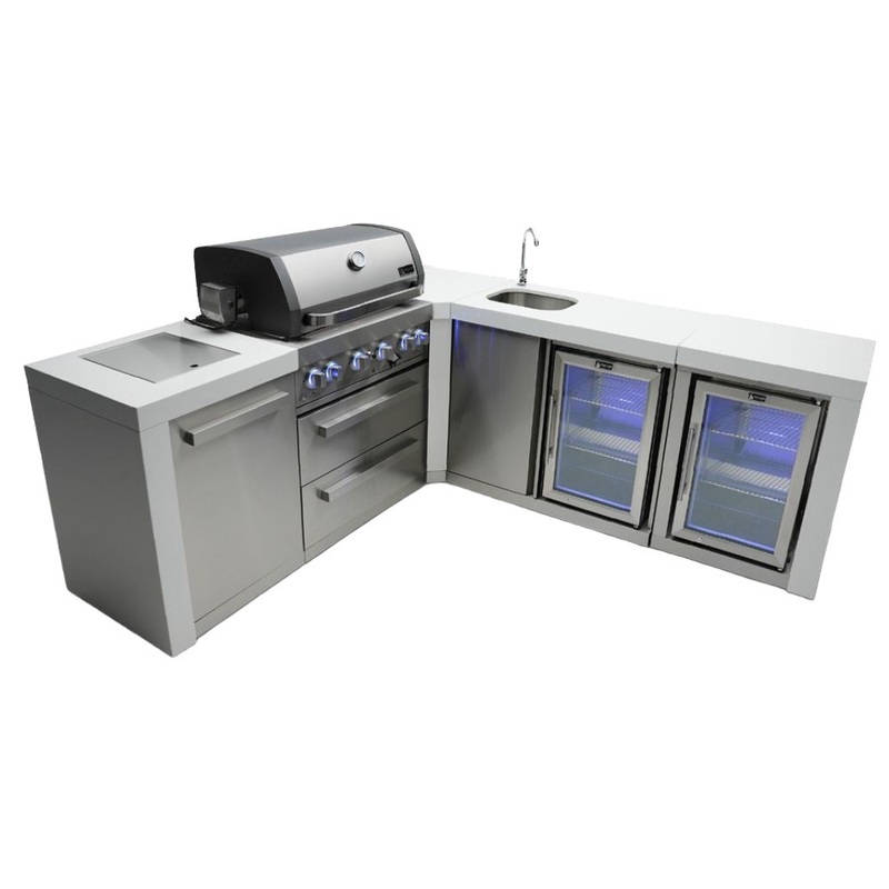 Mont Alpi MAi400-D90BEVFC Propane 4-Burner Deluxe Island with 90-Degree Corner, Beverage Center & Fridge Cabinet