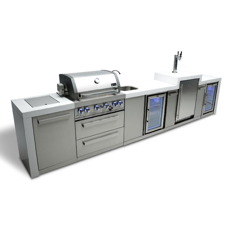 Mont Alpi MAi400-DKEGBEVFC Propane 4-Burner Deluxe Island with Kegerator, Beverage Center & Fridge Cabinet