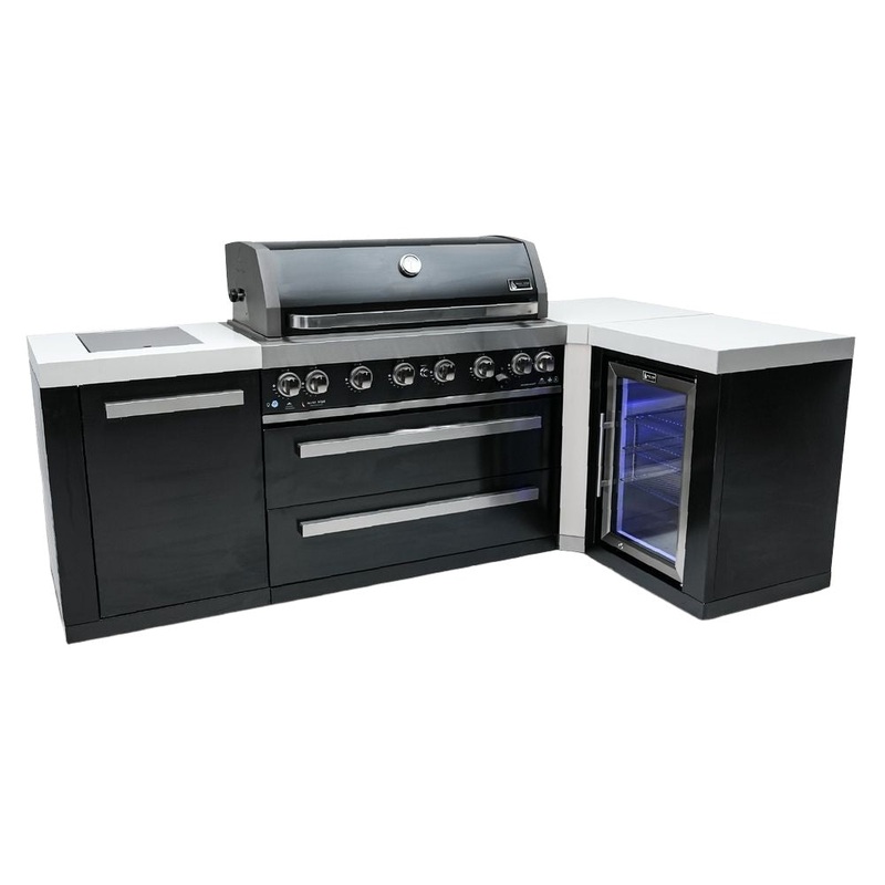 Mont Alpi MAi805-BSS90FC Black, Propane 6-Burner Island with 90-Degree Corner & Fridge Cabinet