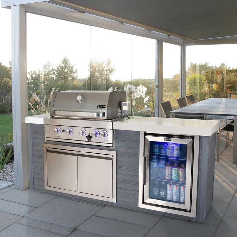 Mont Alpi Stainless Steel 4-Burner Artwood Propane Island with Refrigerator