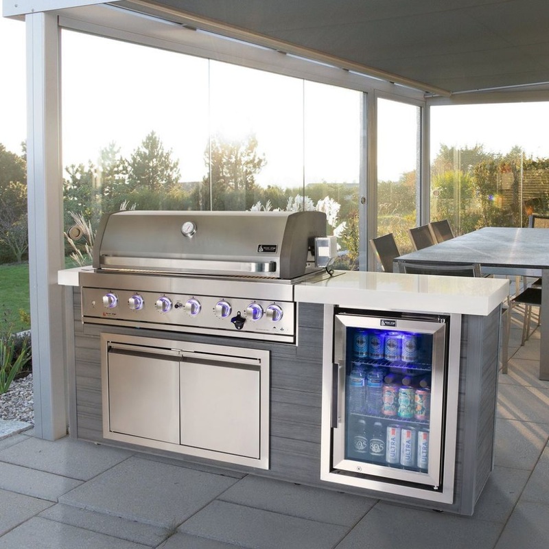 Mont Alpi Stainless Steel 6-Burner Artwood Propane Island with Refrigerator