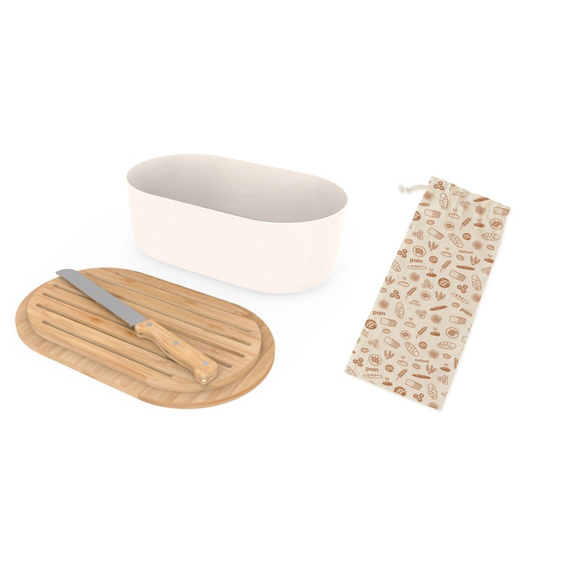 Pebbly Brotkasten Pebbly mit Schneidebrett, Messer, Brotbeutel, Cream PNBA150