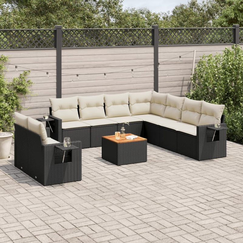 Salon de jardin 10 pcs avec coussins noir rsine tresse