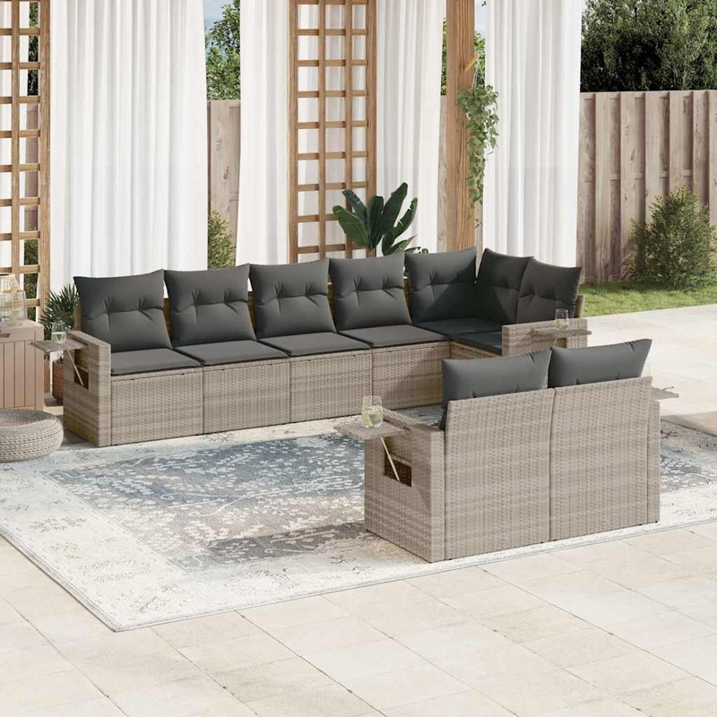 Salon de jardin 8 pcs avec coussins gris clair rsine tresse