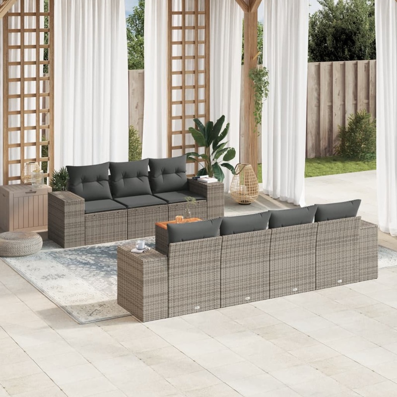 Salon de jardin 8 pcs avec coussins gris rsine tresse