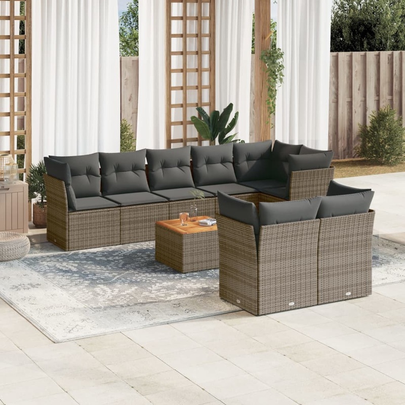 Salon de jardin 9 pcs avec coussins gris rsine tresse
