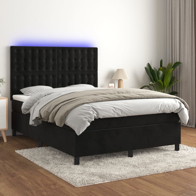 Sommier  lattes de lit matelas et LED Noir 140x200 cm Velours